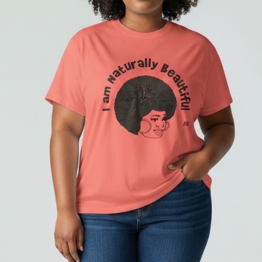 Vintage I Am Naturally Beautiful Graphic T-Shirt Coral Pink Womens XL Cotton